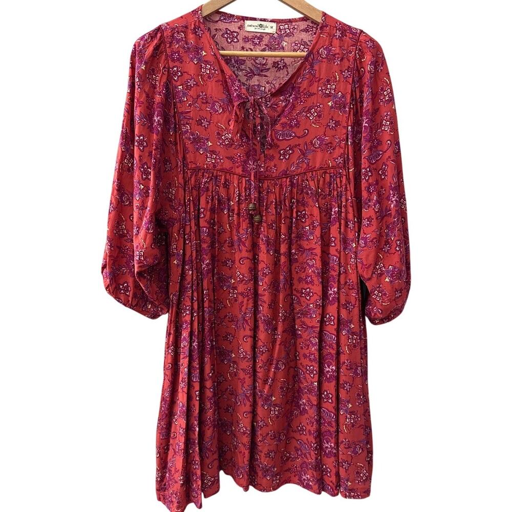 Natural Life Tunic Peasant Babydoll Mini Dress Red Purple Size Medium - Picture 3 of 10